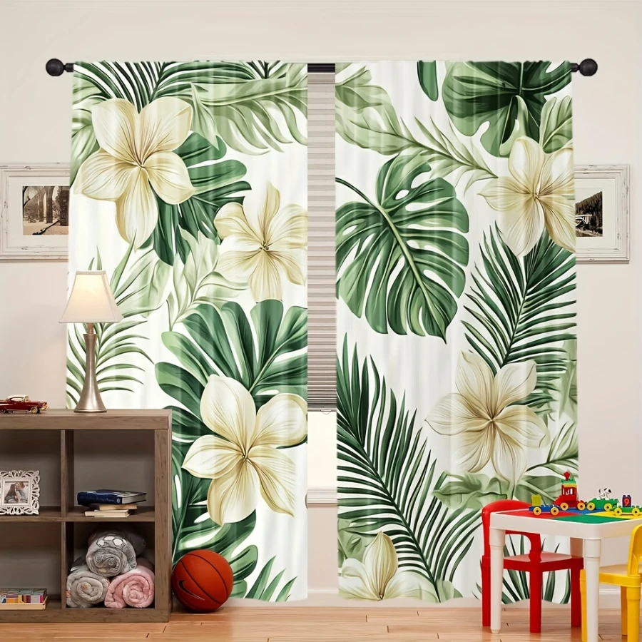 2PCS Digital Printed Curtains, Light Summer Green Plant Pattern, Fresh Botanical Style for Living Room Bedroom Home Decor