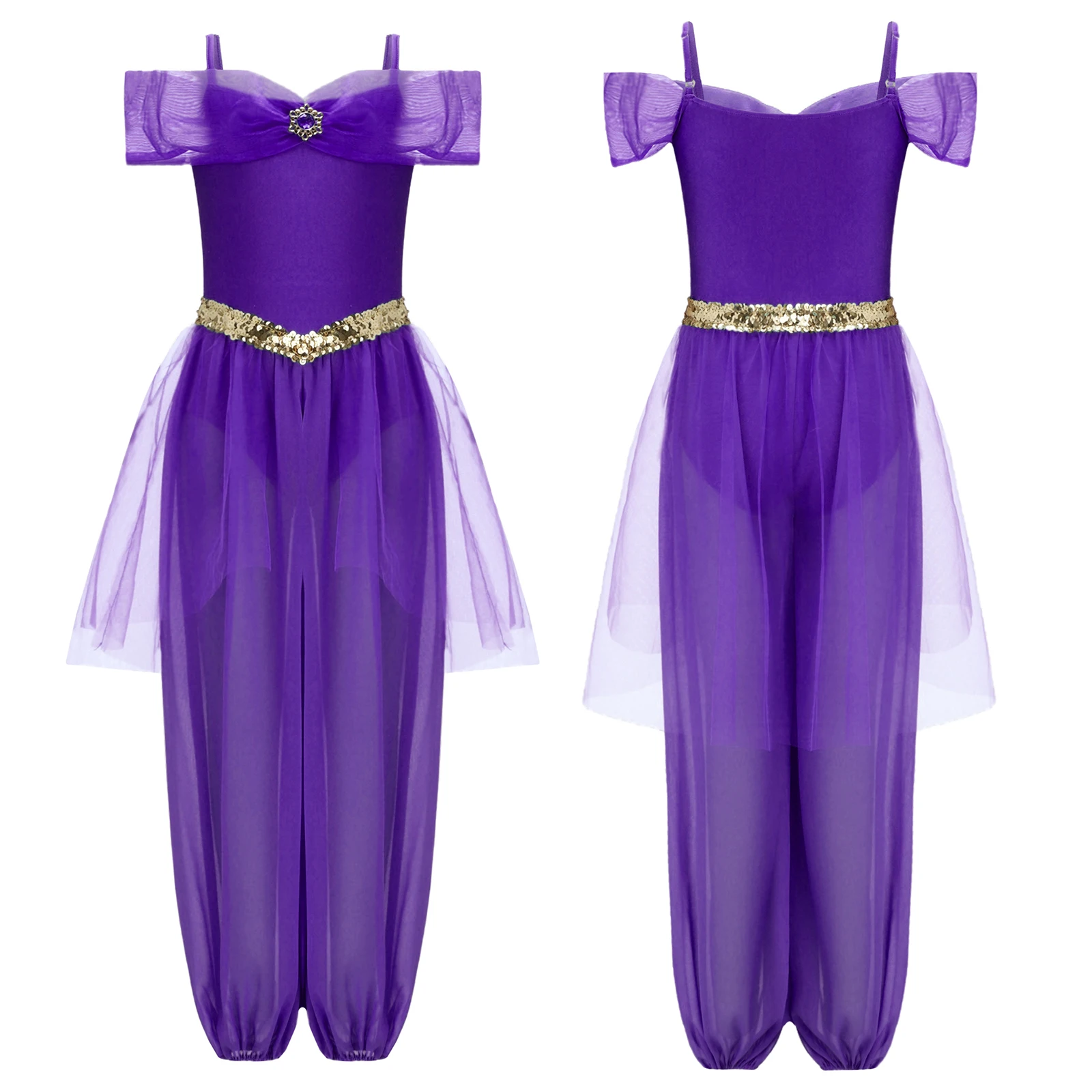 

Kids Girls Arabian Princess Costume Halloween Arab Cosplay Party Jumpsuit Rhinestone Sequins Roleplay Romper Carnival Dress Up