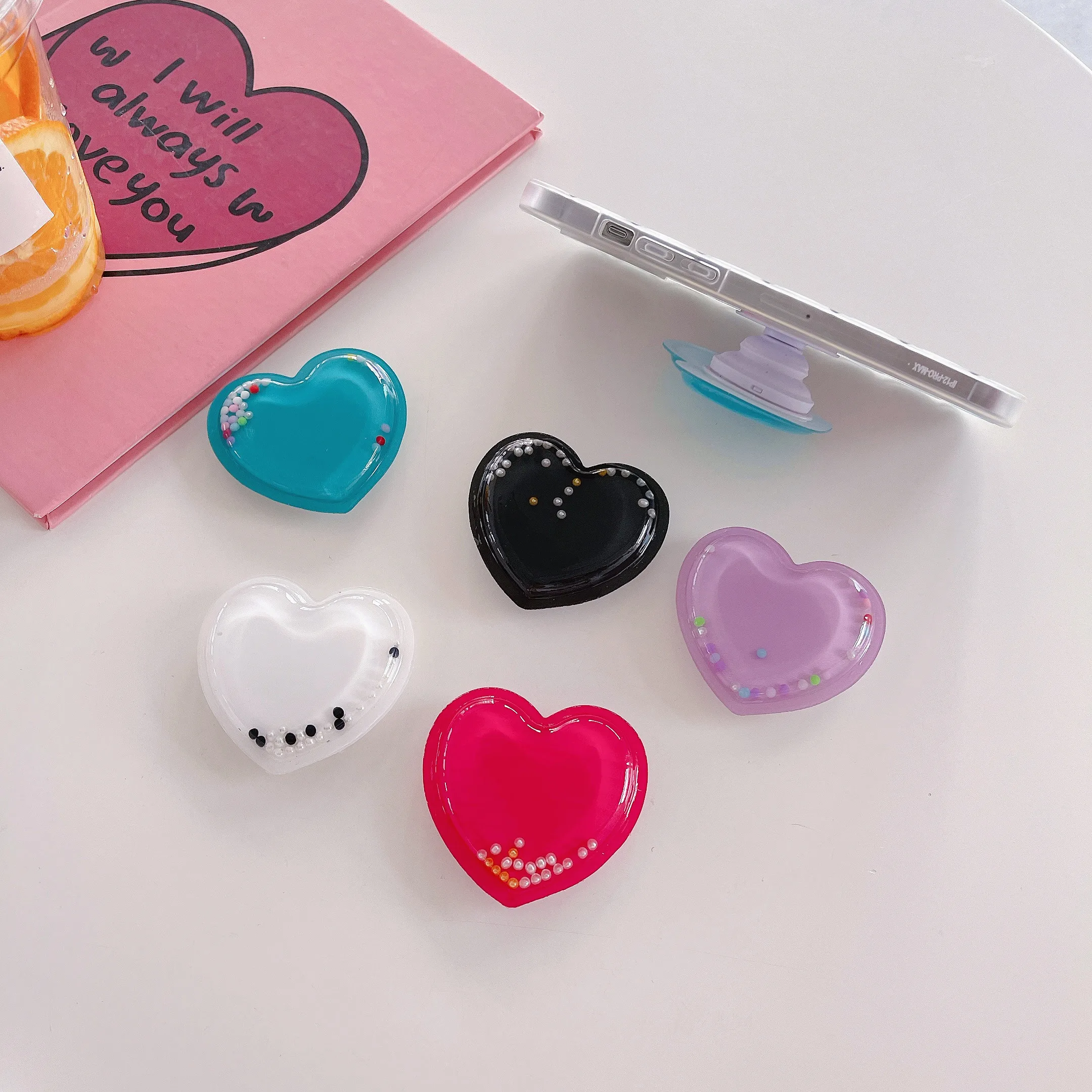 

Fashion Candy colors Cute Heart Flowing bead love bracket Holder General Griptok Grip Phone Stand Support For iPhone Smart Tok