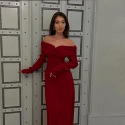 TAFN Red Formal Evening Dresses for Women Off the Shoulder Long Sleeves Prom Party Gown vestidos de fiesta Custom Made