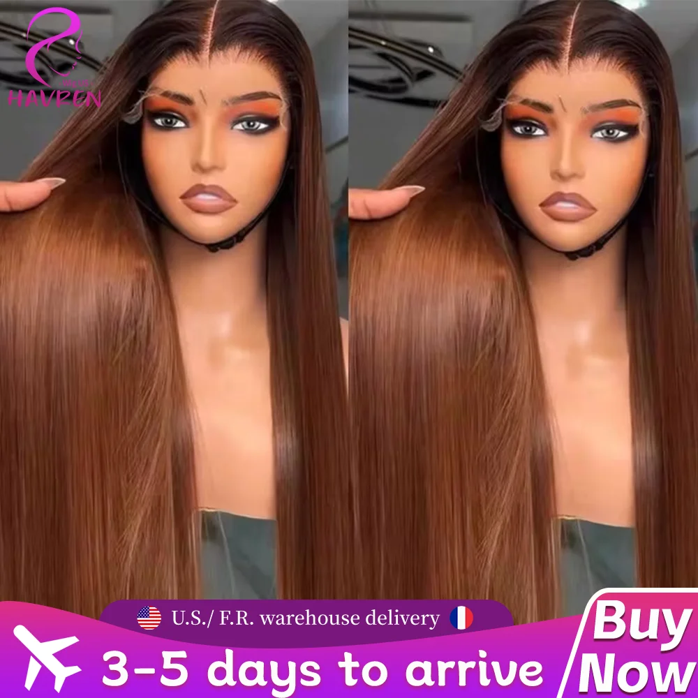 Perruque Lace Frontal Wig brésilienne naturelle, cheveux lisses, brun chocolat, 13x4, 30 pouces, 13x6, pre-plucked, pour femmes