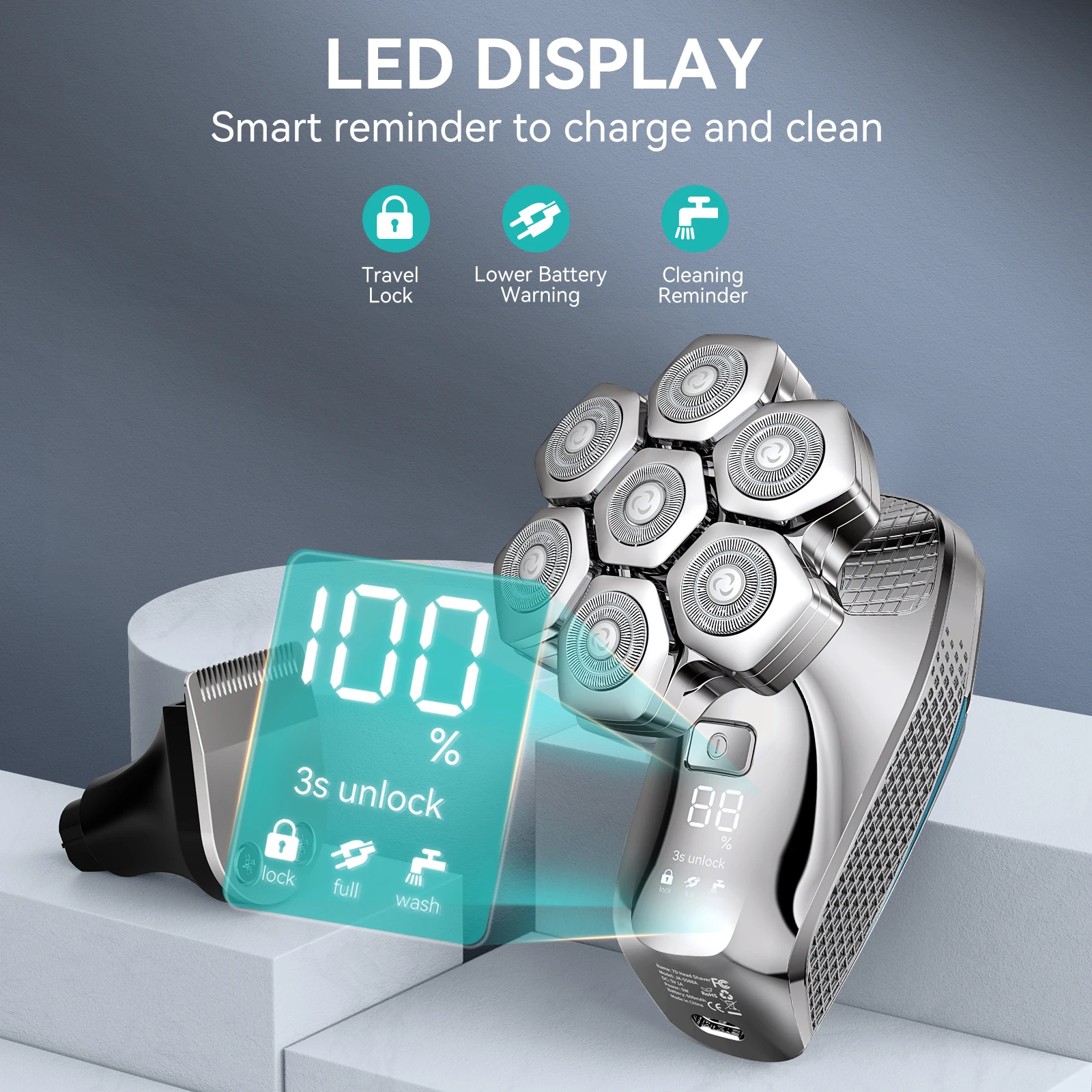 Kensen S18 ماكينة حلاقة الرأس للرجال الأصلع 7D LED عرض قابلة للشحن ماكينة حلاقة أدوات للعناية المغناطيسي 5 في 1 ماكينة حلاقة كهربائية لتشذيب الشعر