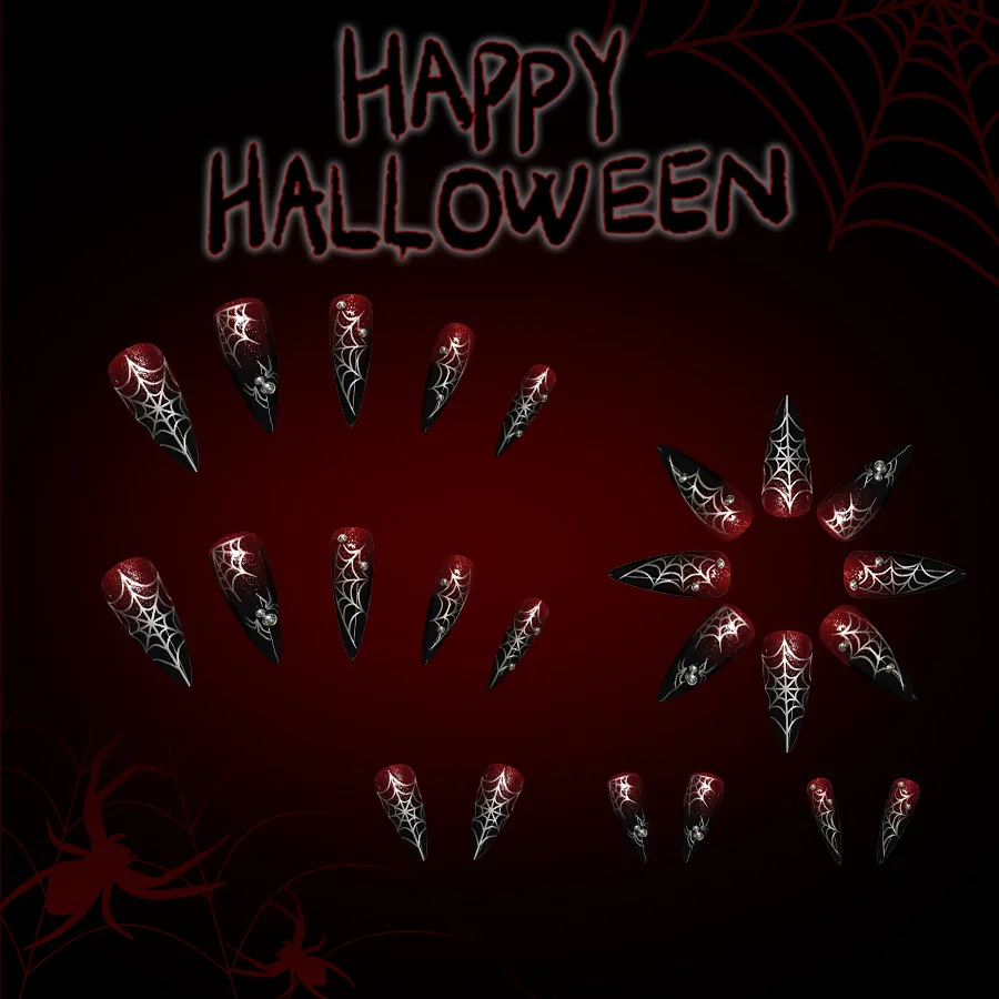 24 ชิ้น Cool ฮาโลวีนเล็บปลอมยาวอัลมอนด์กดบนเล็บสีแดงสีดํา Cool สาวฮาโลวีนตกแต่งเล็บเคล็ดลับยาวเล็บปลอม