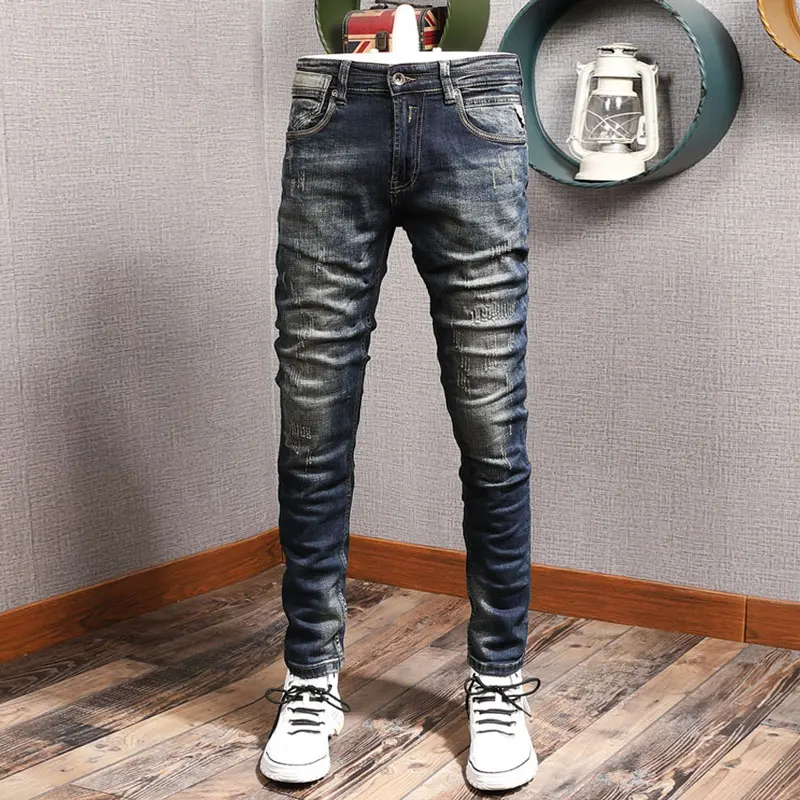Newly Designer Fashion Men Jeans High Quality Retro Washed Blue Stretch Slim Fit Ripped Jeans Men Y2K Vintage Denim Pants Hombre