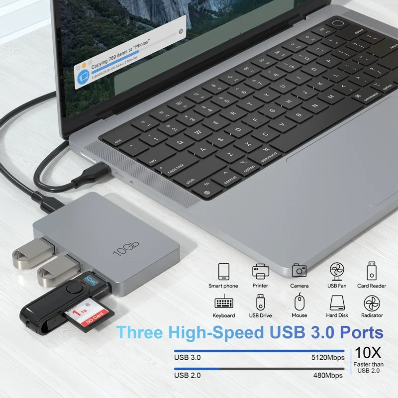 محطة إرساء من النوع C مصنوعة من سبائك الألومنيوم الرمادي USB3.2 Gen2 بسرعة 10 جيجابت في الثانية 7 في 1 مع توسيع شحن PD 100 وات محور متعدد الوظائف