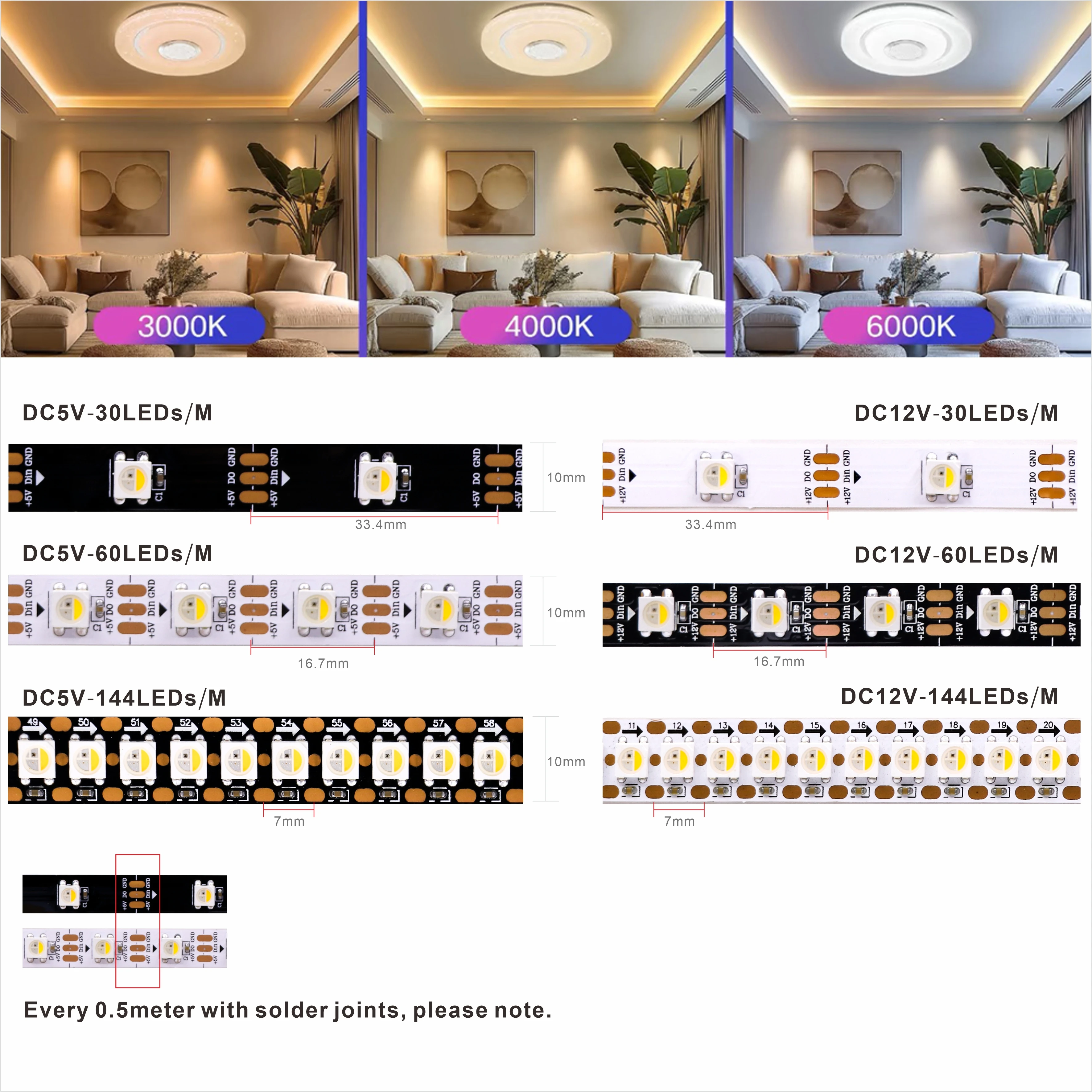 Sk6812 DC 12V RGBW RGBWW 5050SMD niezależnie adresowalne 30/60/144 LED/m IP30/65/67 czarny/biały PCB przewód 1-5 metrów