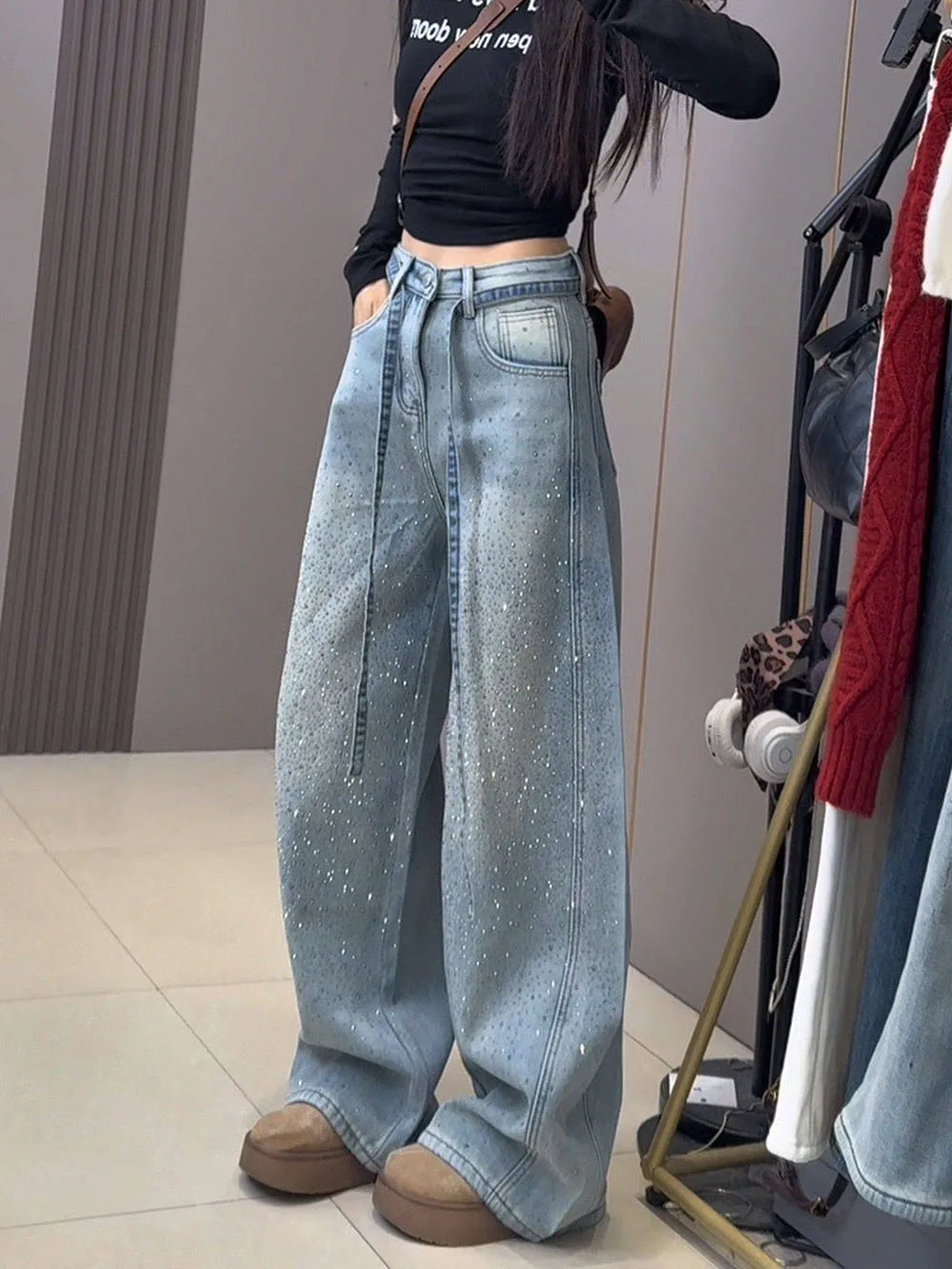 Retro Blue Glittering Starry Sky Jeans Women's 2026 Early Spring Hot-Drilled Wide-Leg High Street High Waist Loose Casual Pants