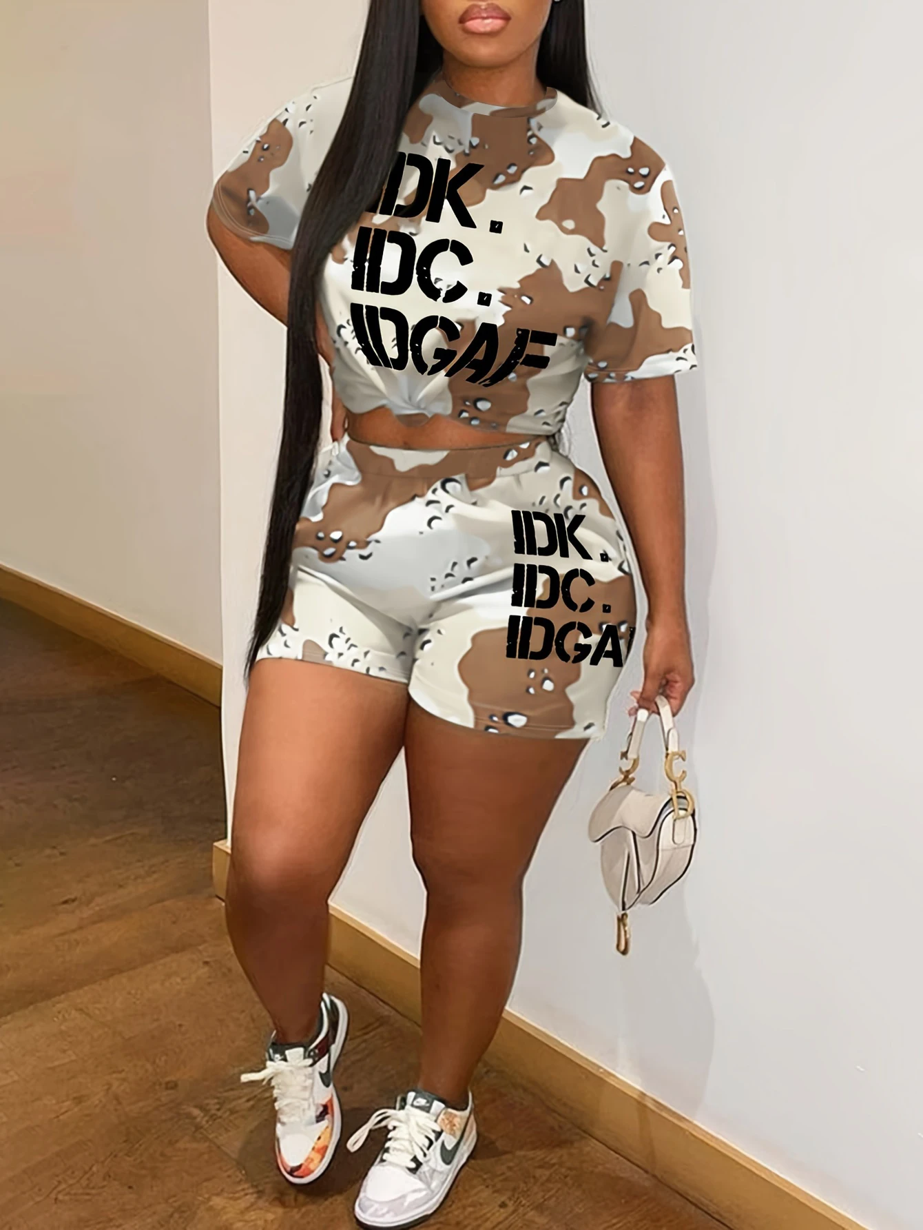 LW plus size Camo Letter Print Shorts Set Women\'s Casual Loose Short Sleeved T-shirt +short sets summer Two-piece Set