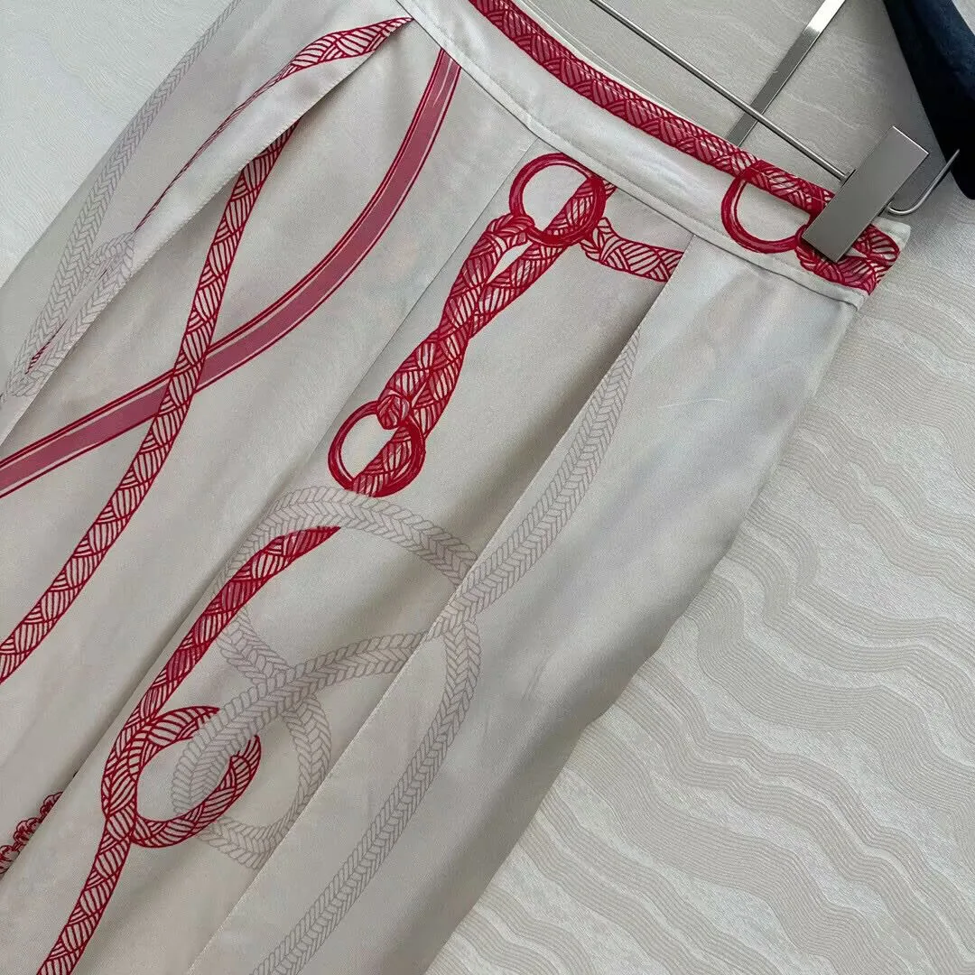 2025 New Fashion Summer 100% Silk Gray Wide Leg Pants Women Zipper Elastic High Waist Print Chain Tassel Pattern Retro Trousers
