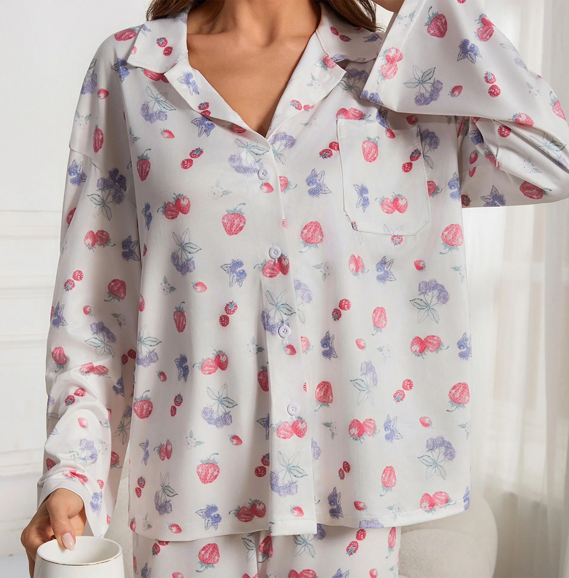 Women\'s long sleeved button down shirt with floral fruit print and wide legs Pants and pajamas