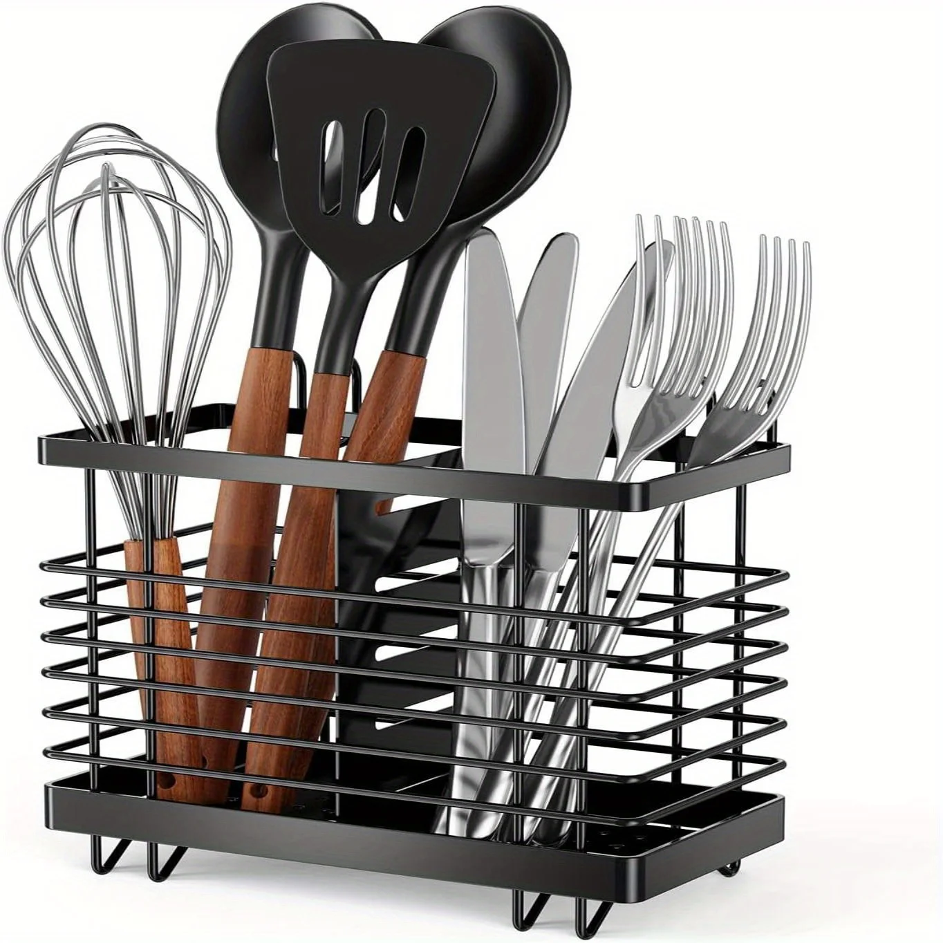 Clutter-Free Large Stainless Steel Kitchen Organizer - Spacious Cutlery & Utensil Holder With Drainage, Perfect For Countertop