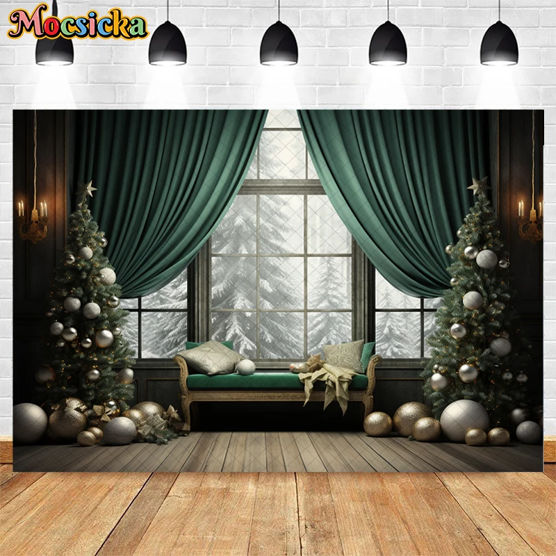 Kerst Woonkamer Achtergrond Fotografie Xmas Boom Raam Groene Gordijnen Decor Kids Volwassen Portret Foto Achtergrond Banner