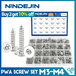 NINDEJIN Cross Recesse Round Washer Head Screw Set Carbon Steel M3 M3.5 M4 PWA Phillips Self Tapping Screw Assortment Kit
