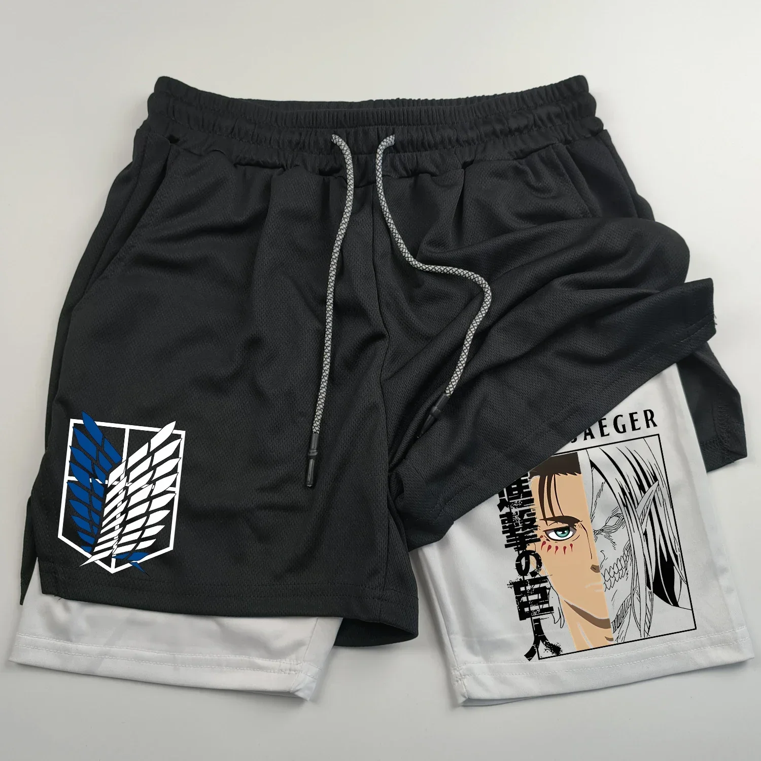 2-in-1 sports shorts anime Attack on Titan men\'s shorts quick drying breathable sports fitness shorts outdoor running gym short