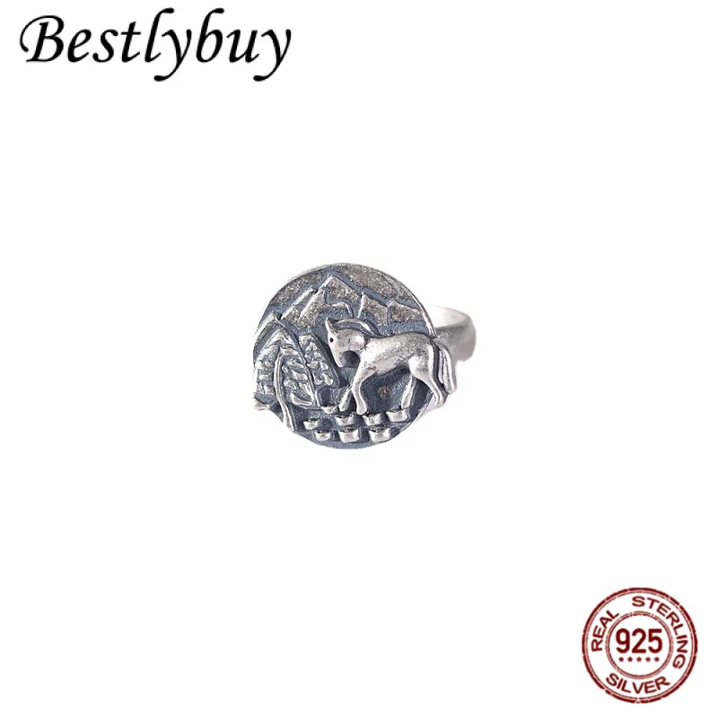 

Новое серебряное кольцо S925 в стиле ретро, матовое 3D рельефное кольцо с пони, мужская и женская мода, индивидуальный подарок на Новый год