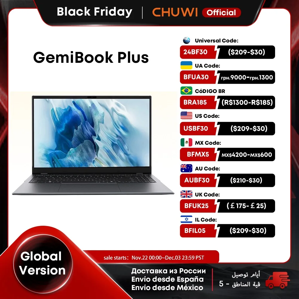 CHUWI GemiBook Plus Laptop 15,6" Intel N100 Grafik für 12. Generation 1920*1080P 16GB RAM 512GB SSD mit Lüfter Windows 11