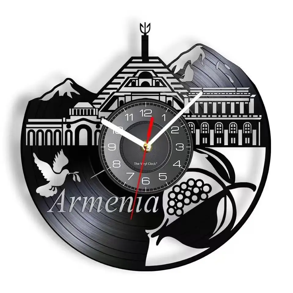 Armenian Travel Skyline Vinyl Album Re-purposed Record Clock Office Room Decor European Pomegranate Art Home Decor Wall Watch