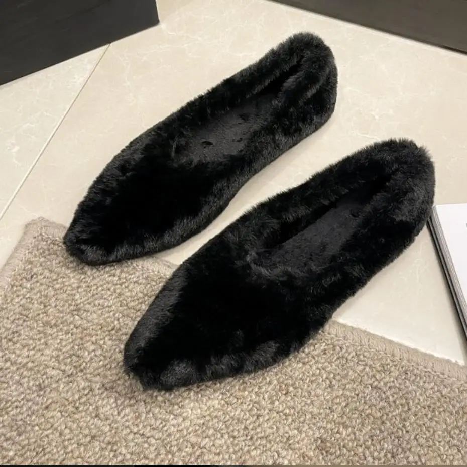 Fashion Pointed Toe Fur Ballet Flat Woman Winter Warm Plush Shallow Loafer Ladies Concise Furry Heeled Dress Shoes Zapatos Mujer