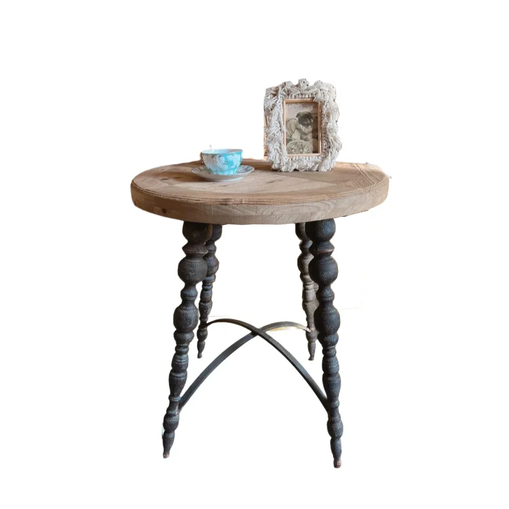 Round Side Table, Rustic Vintage Style, Solid Wood Top with Ornate Iron Legs, 26 x 30 Inches, Farmhouse Accent Table