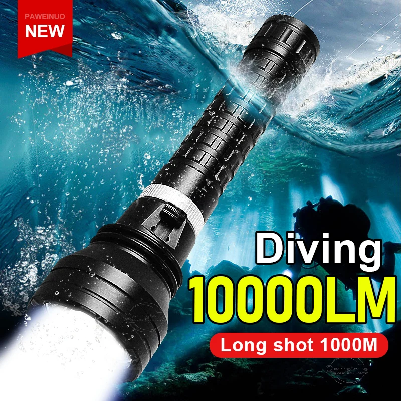 10000LM High Power Diving Flashlight 1000M Professional Underwater Lantern IP8 Waterproof Rating Super Bright Scuba Diving Torch