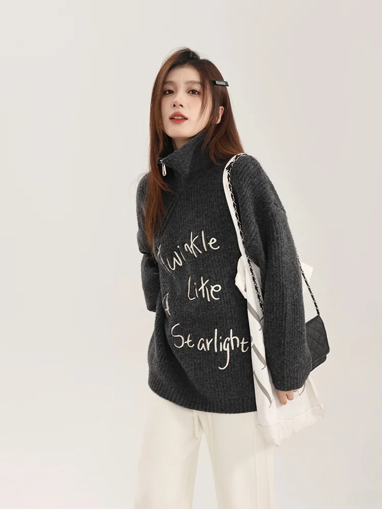 

Gray Letter Print Sweater Women's High Collar Slant Zip Wide Neck Fleece Winter Thermal Long Sleeve Commute Style Bubble Yang