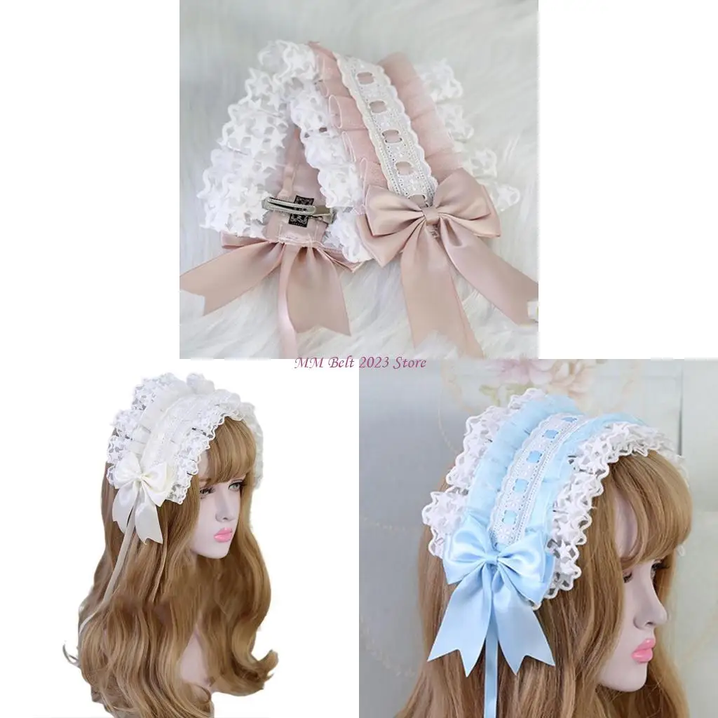 

49ME Star Lace Headband Maid Ruffled Headdress Ornaments Ribbon Bowknot Hairpin Vintage Cosplay Party Hair Accessories