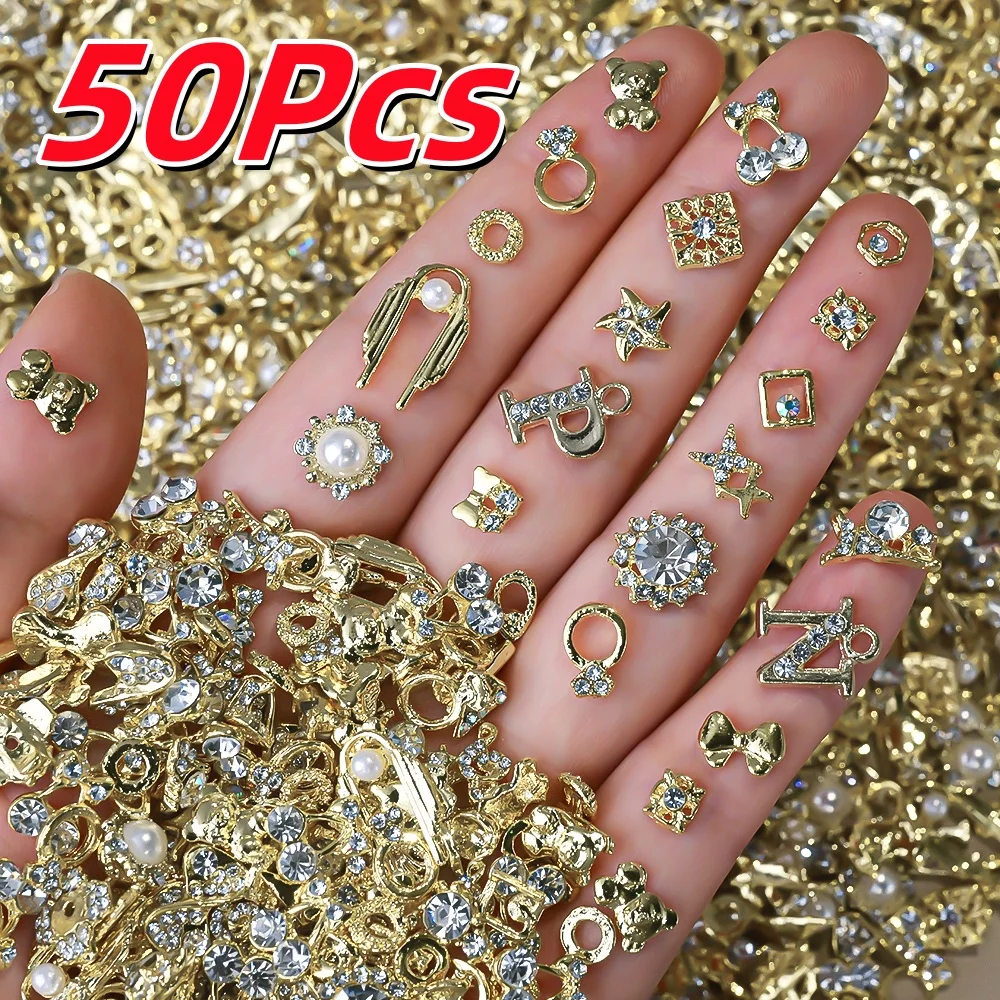 50pcs 3D Luxury Gold Pendant Mixed Nail Charms Alloy Rhinestones English Letter/Tassel/Ring Nail Jewelry For Decoration DIY Part