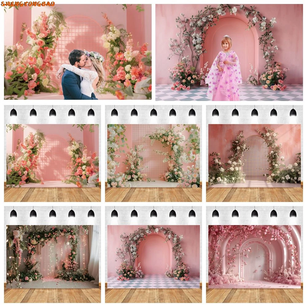 

Pink Flower Arch Vintage Wall Backdrop Girls Birthday Party Wedding Bridal Shower Photography Background Decor Photo Studio Prop