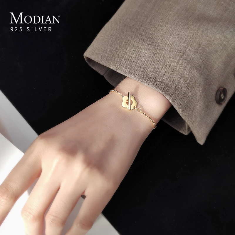 

MODIAN 925 Sterling Silver Fashion Hallow Out Flower Gold Color Beaded Bracelet For Women Fine Jewelry Accessories
