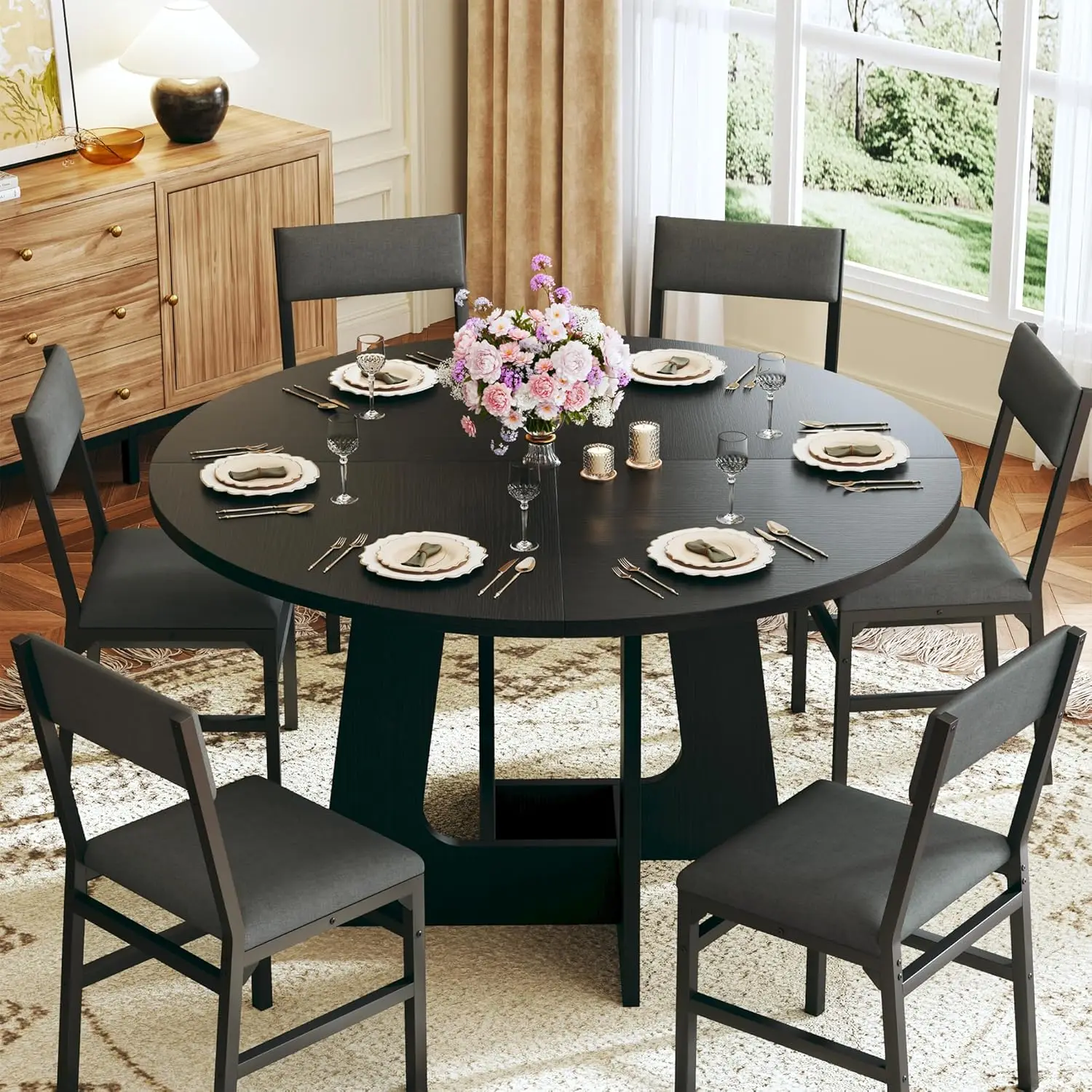7pc Round Dining Table Set for 6 Wood Base Space Saving Kitchen Living Room, Customized