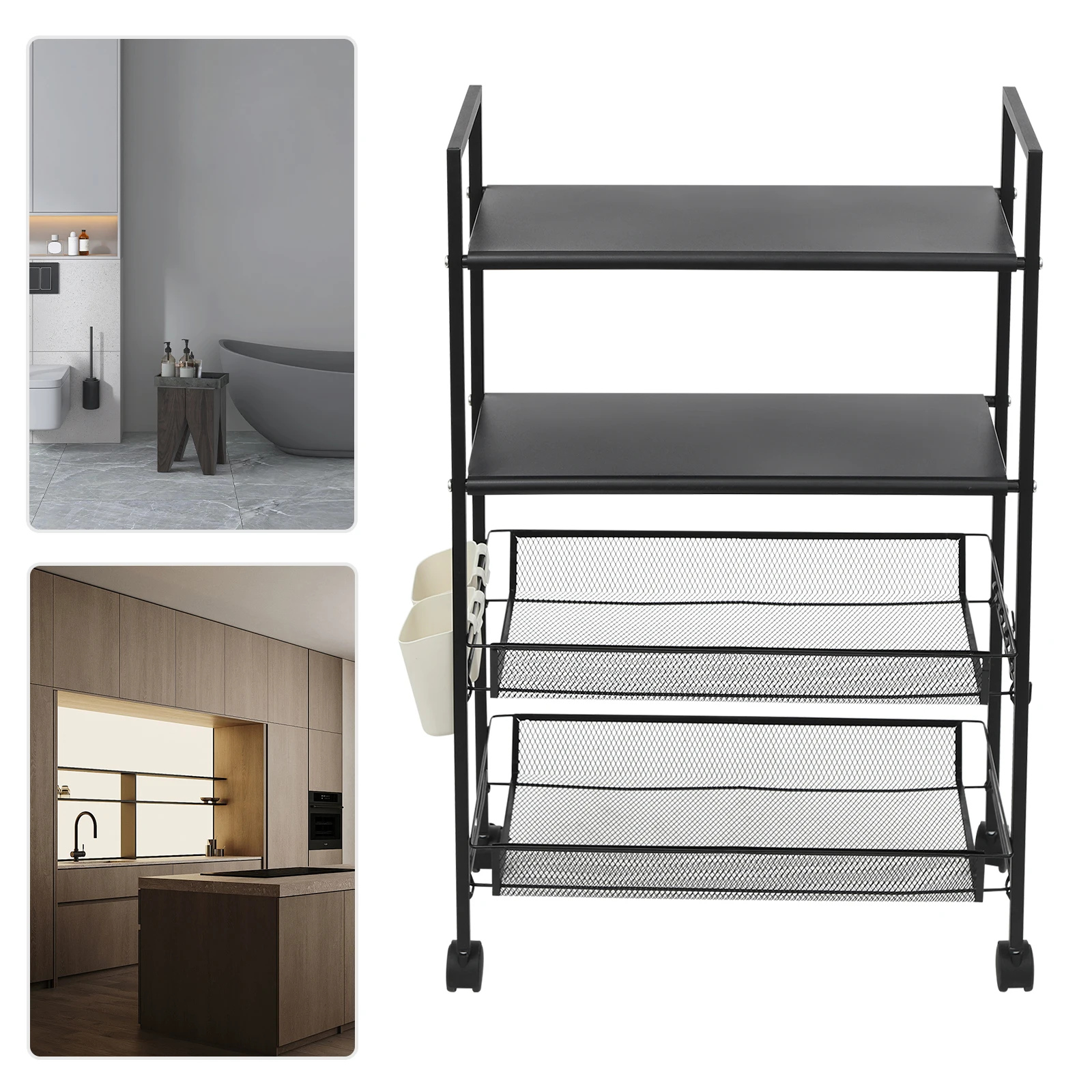 Black Kitchen Microwave Stand Shelf - 4 Tiers Metal Bakers Rack with Casters Coffee Bar Station with Storage