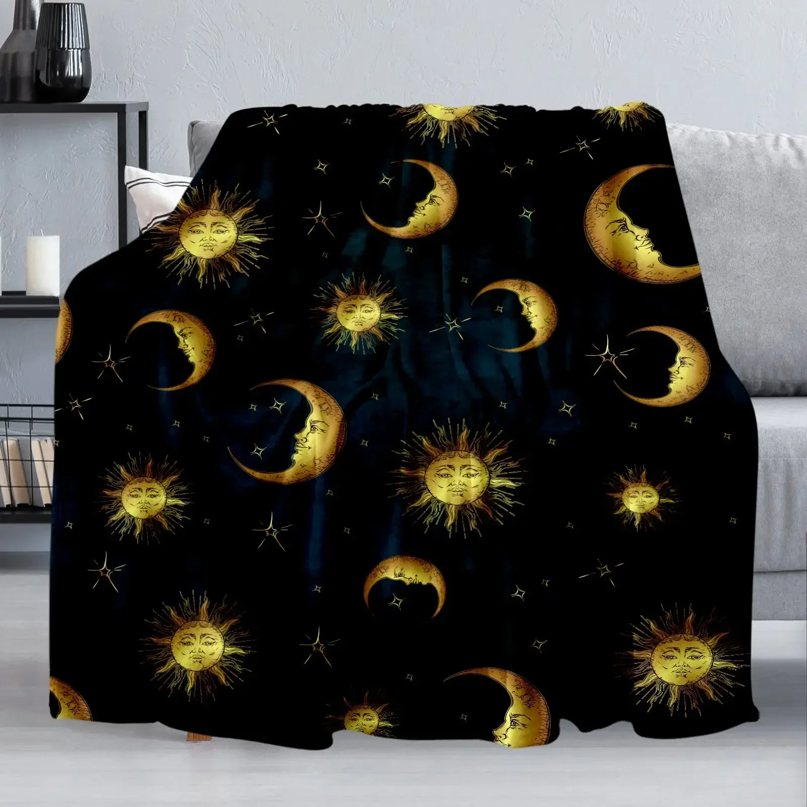 

Flannel Throw Blankets Boho Chic Golden Sun Moon and Stars Blue Black Sky Antique Blankets Lightweight Luxury Blanket