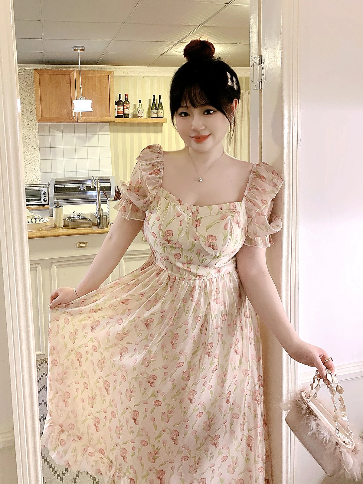 

Женская одежда больших размеров с цветочным принтом, для отдыха и повседневной носки, с высокой талией, пышными рукавами, в стиле Dr Ele Small ence Design