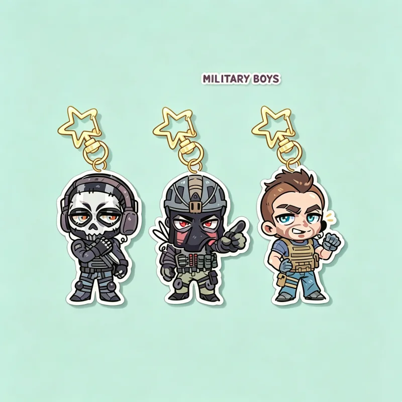 Military Boys Acrylic Keychain Set – Cute Chibi Soldier Charms with Skull Mask & Tactical Gear for Backpack, Phone & Bag Decor