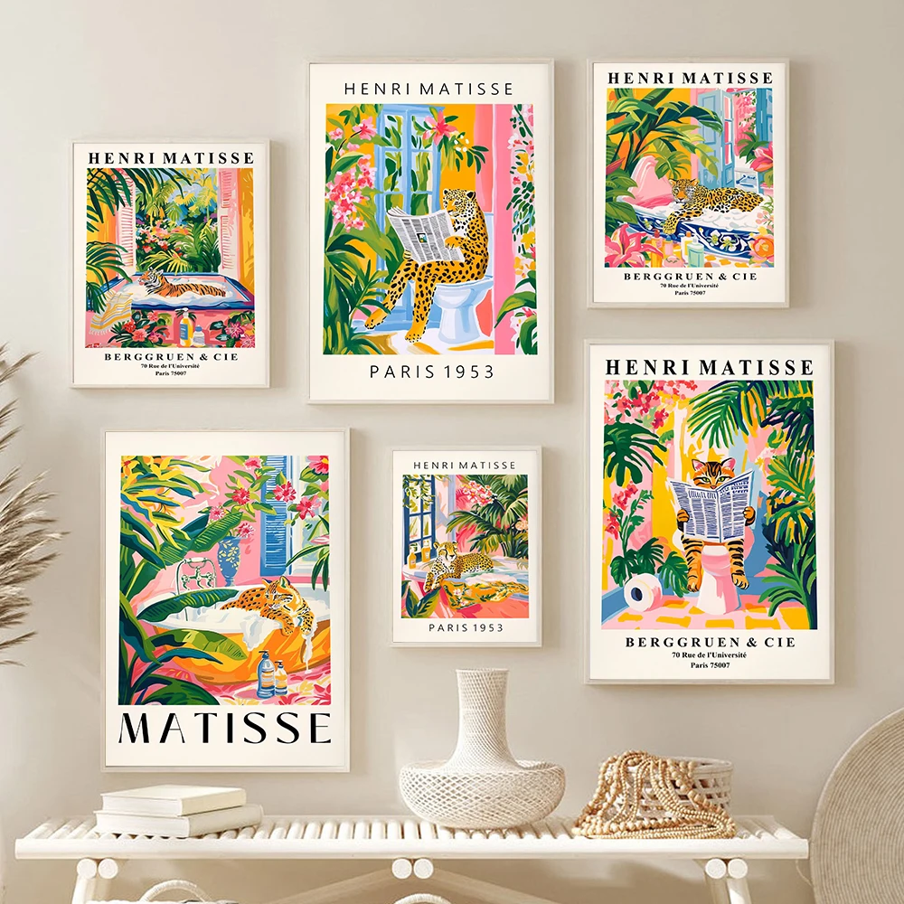 Modern Bathroom Print Leopard Cheetah Tiger Bobcat Wall Art Maximalism Henri Matisse Animal Pictures Pink Tropical Toilet Decor