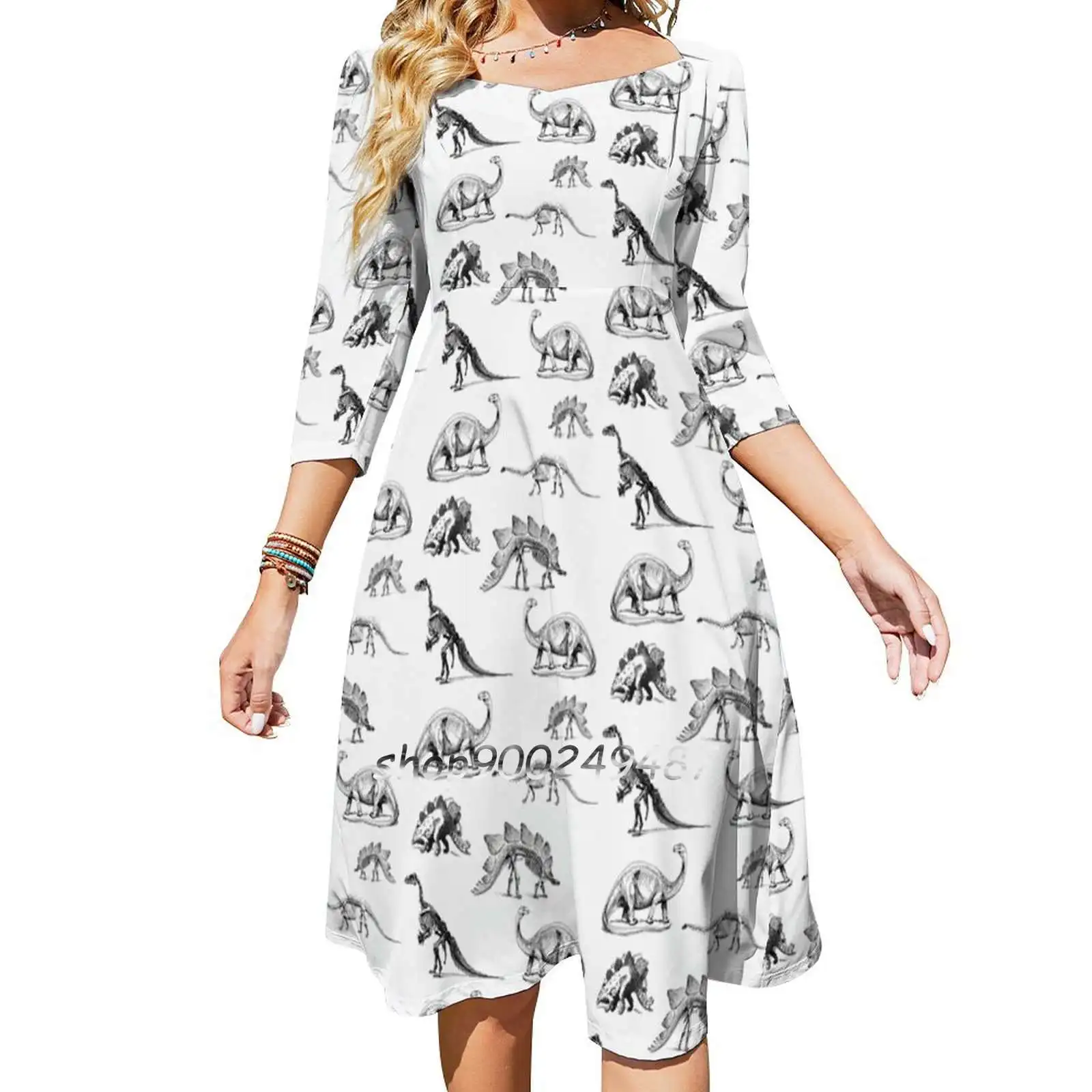 Vintage Museum Dinosaurs | Black And White Sweet Elegant Dress Women Korean Kawaii Square Collar Dress Dinosaur Dino T Rex