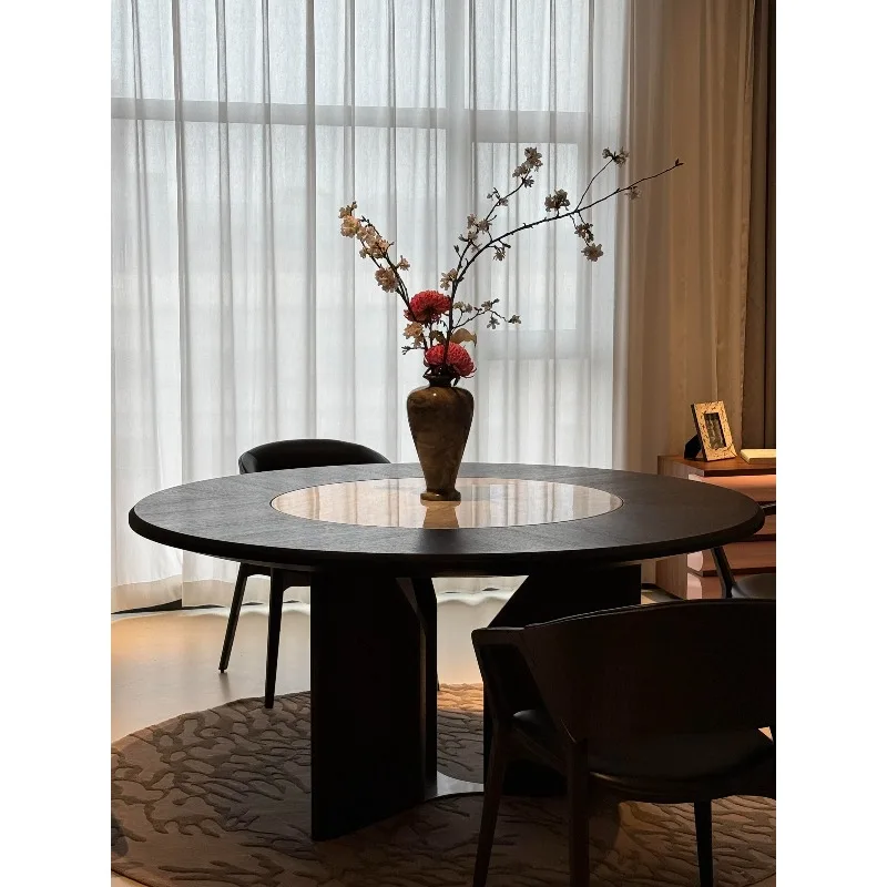 

Nordic solid wood round dining table modern simple household Italian light luxury inlaid turntable round table