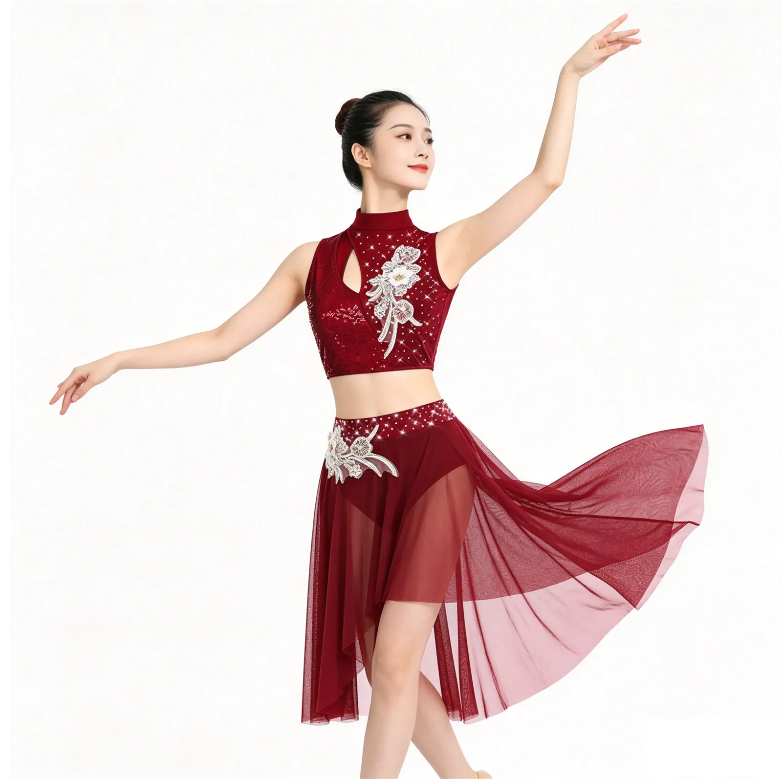

Womens Gymnastics Ballet Performance Costume Lyrical Dance Outfits Hollow Out Crop Top And Irregular Mesh Hem Briefs-type Skirt