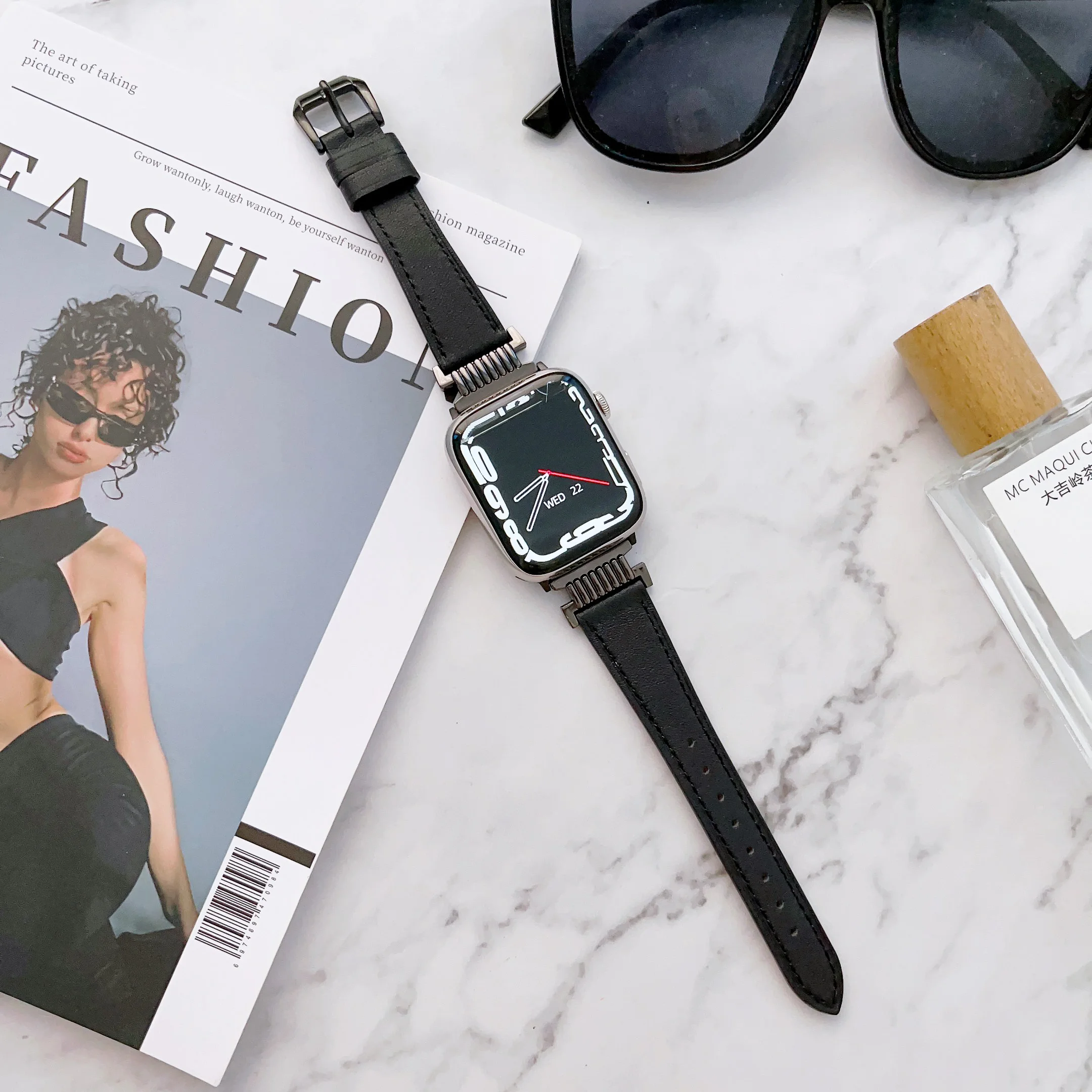 애플 워치용 가죽 스트랩, 스테인레스 스틸 스티칭, 아이워치 8, 7, 6/5, 49mm, 46mm, 38, 40, 41mm, 42, 44, 45mm