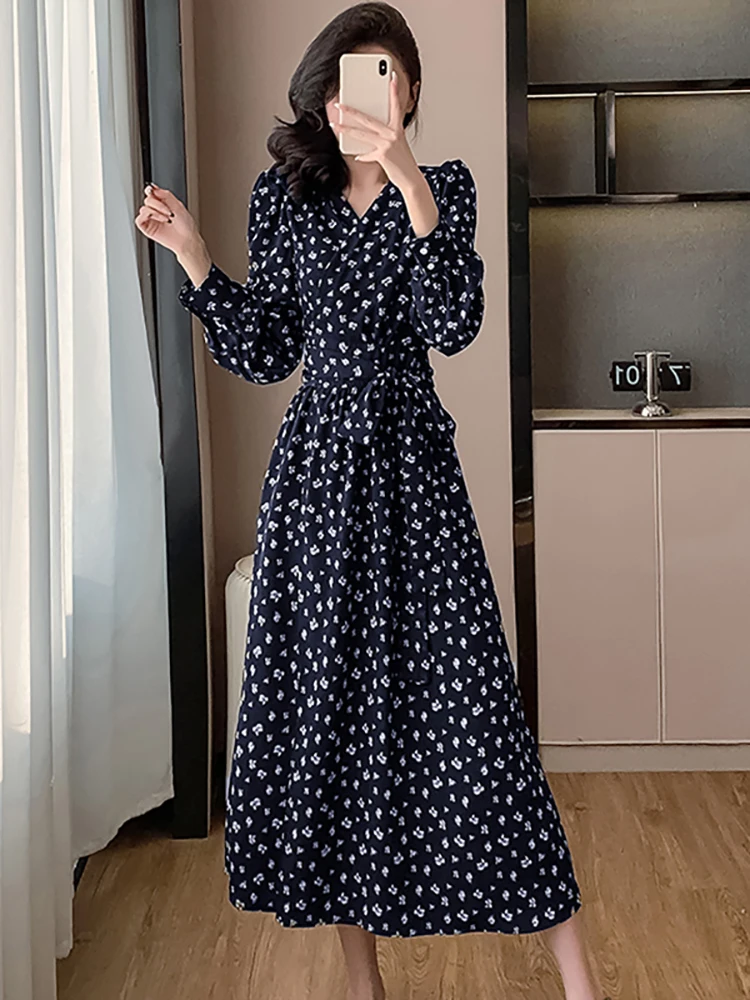 

Women Korean Vintage Hepburn Party Vestidos Spring Floral Long Sleeve V-Neck Dresses 2025 Elegant Luxury Party Dress and Events