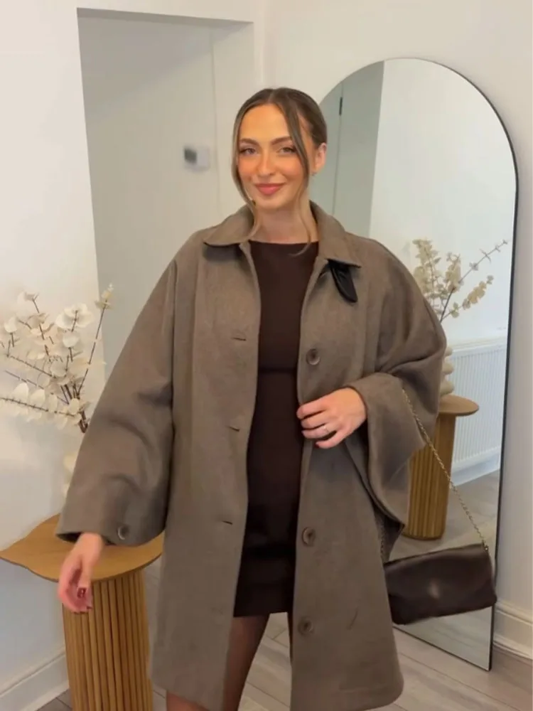 

HH женская мода полушерстяная ламинированная карманная однобортная куртка женский темперамент повседневное пальто с воротником-стойкой