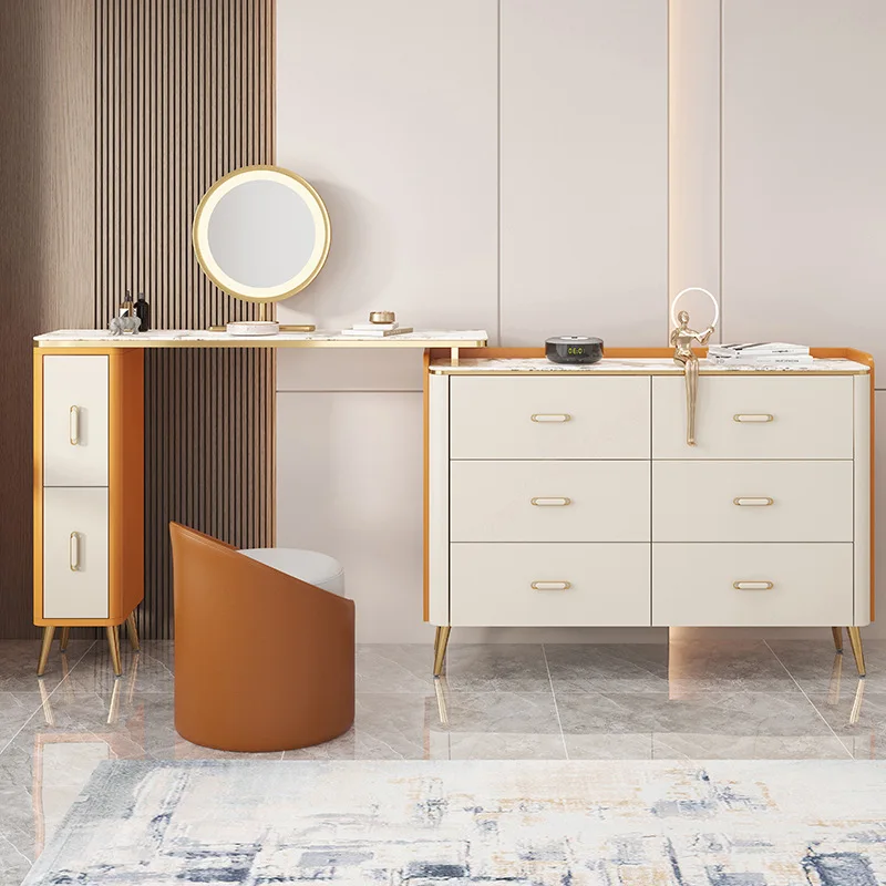 Light Luxury Minimalist Makeup Vanity Table with Drawers and Storage Cabinet Retractable Dressing Desk and Stool for Bedroom