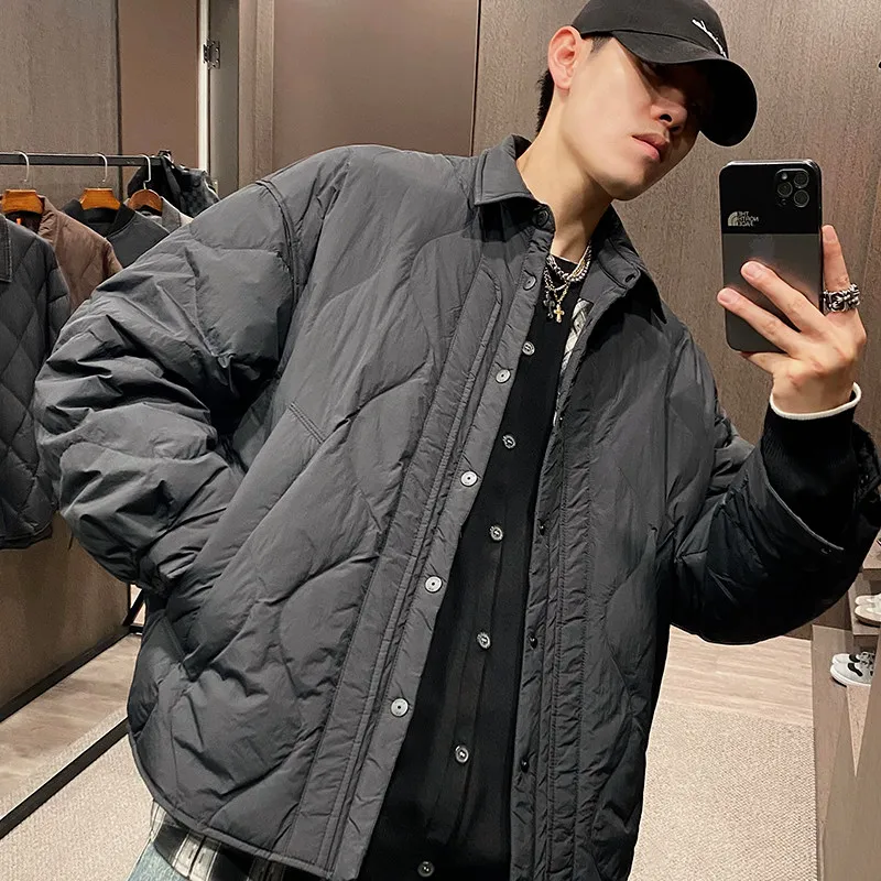 

Men's Lightweight Duck down Shirt Hem Splicing Warm Outerwear Casual Style Polyester Fabric City Leisure All-Match Short Coat