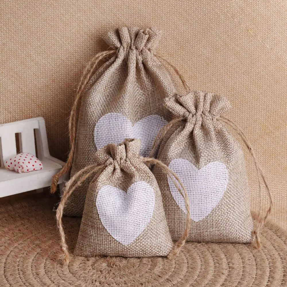 10pcs/lot Heart Flax Linen Drawstring Jute Bag for Ornaments