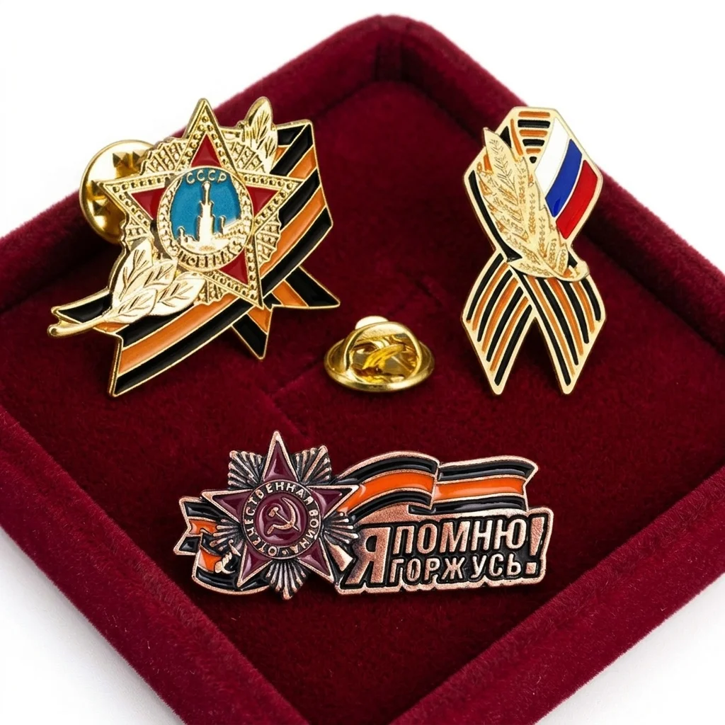 Victory Day Lapel Pin Set Metal St. George Ribbon Brooch USSR Commemorative Badge Enamel Pins for Clothing Jacket Backpack
