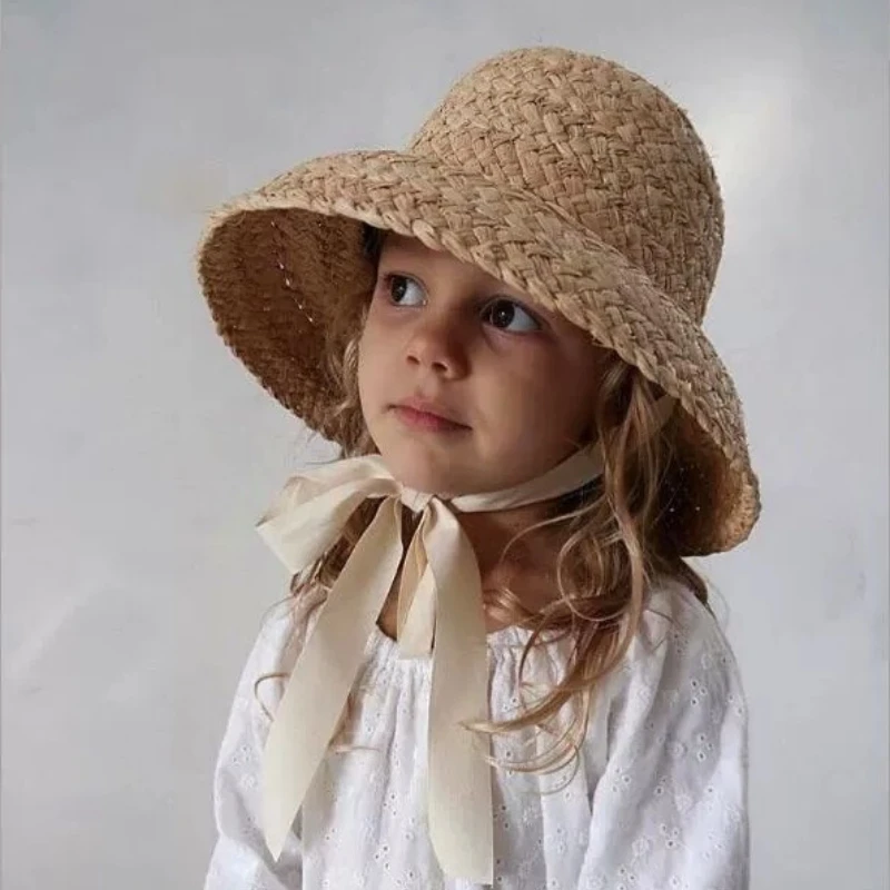 Ins Children\'s Raffia Straw Hat French Niche Retro Flat Top Lower Folded Brim Children\'s Straw Hat Hepburn Wind Straw Sun Hat