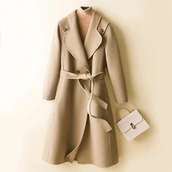 Long Coats Women Woolen Trench Jacket 100% Merino Wool Winter Fashion Lapel Belted Overcoat Autumn Vintage Thick Clothing Korean