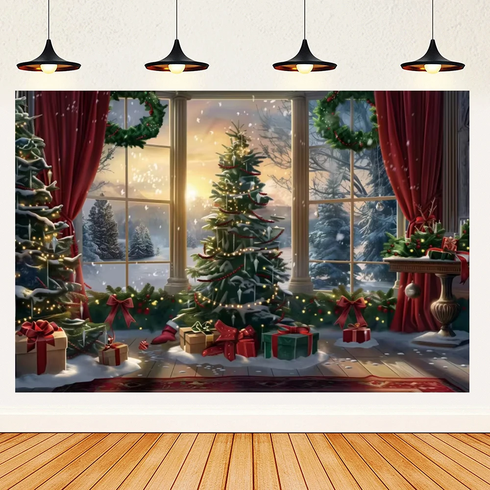 Christmas Tree Window Snowman Theme Winter Xmas Tree Red Curtain Window Santa Claus Child Birthday Photo Background Photo Zone