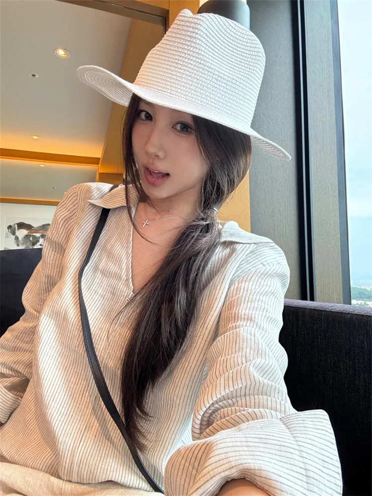 Loose Korean Style Linen Cotton Shirt Women Summer Casual Thin Top UV Protection Long Sleeve V-neck Striped Business Casual S...