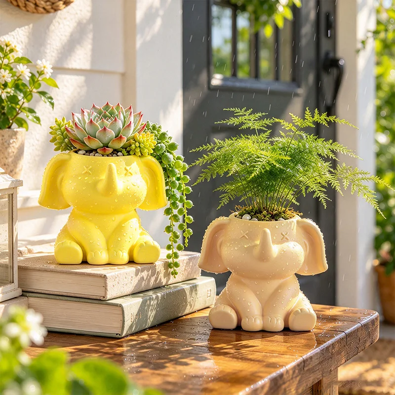 Resin ABS Cartoon Elephant Figurine Succulent Flower Pot Cute Animal Mini Planter Desktop Window Sill Home Balcony Decor Gift